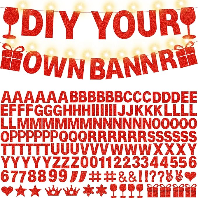 175Pcs DIY Glitter Customizable Banner Kit Happy Birthday Custom Letter Banners Happy Valentine's Day Banners Love Heart Personalized Banner Decor Birthday Party Decorations Supplies(Glitter Red)
