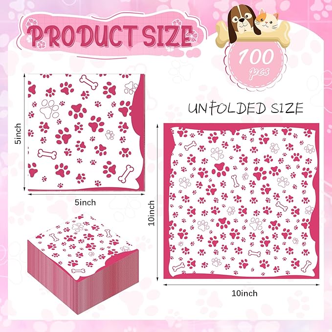 CHENGU 100 Pieces Paw Print Napkins 2 Layers Paw Print Party Supplies Farm Animal Party Napkins for Animal Themed Birthday Western Part, 5 x 5 Inch(Pink)