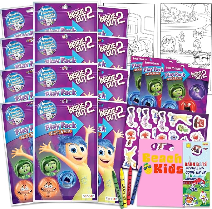 Disney Inside Out 2 Birthday Party Favors and Supplies Bundle - 12 Inside Out Activity Play Packs for Boys, Girls with Mini Coloring Books, Loot Bags, and More | Inside Out 2 Party Favors Set