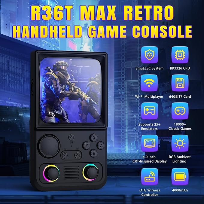 R36TMAX Upgraded Retro Handheld Game Console with 4000mAh Battery, 4.0'' IPS Screen, Retro Gaming Console with Portable Case, Supports WiFi Networked Fighting and OTG (Classic Black)