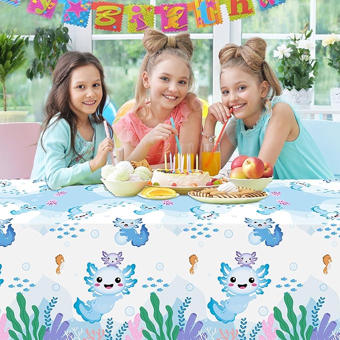 Axolotl Plastic Party Tablecovers - 3-Pack Blue Cartoon Axolotl Table Cover Decorations Disposable Waterproof Rectangle Plastic Tablecloths Rectangle Kids Birthday Baby Shower Camping Events