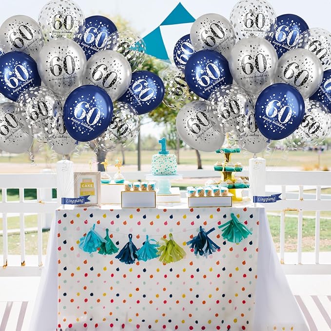 60th Birthday Decorations for Men, 15 Pieces Navy Blue Silver Happy 60th Birthday Latex Balloons Set for Him, 60th Party Decorations for Age 60 Years Old 60th Birthday Party Decor Celebration Supplies