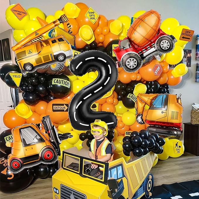 Construction Birthday Decorations 2 Year Old, Large Construction Balloons 40Inch Racetrack Black Number 2 Balloons Construction Truck Foil Balloons for Boys 2nd Construction Birthday Party Supplies