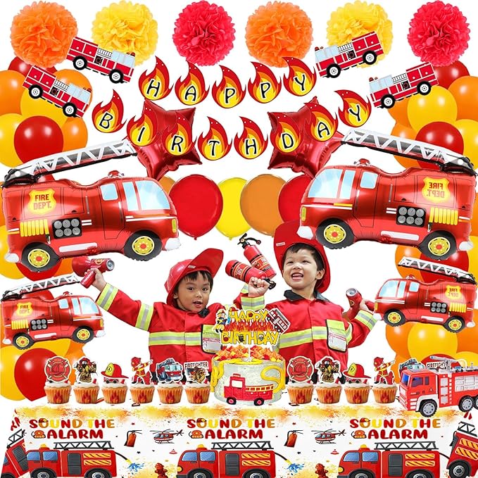 Fire Truck Birthday Party Decorations Kit – Firefighter Party Supplies with Happy Birthday Banner, Fire Truck Foil & LatexBalloons, Table Cover, Cake Toppers & Tattoo Stickers Perfect for kids Party