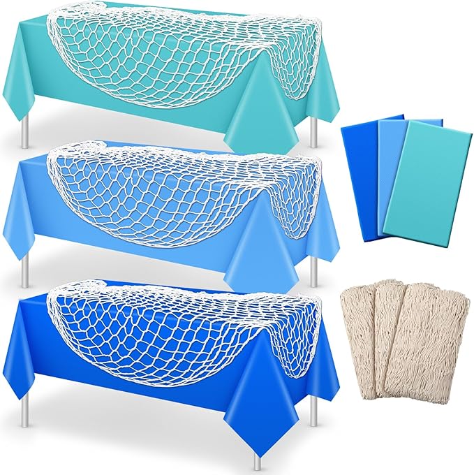 Unittype 6 Pcs Fish Net Decorative and Tablecloth Set, Cotton Fishnet and Plastic Table Cover Decorations Set for Nautical Themed Party Baby Shower Pirate Decorations Mermaid Party(Vivid Color)