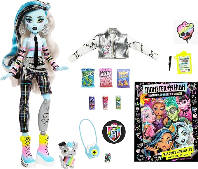 Monster High Frankie Stein Doll, Welcome Committee Set with 15 Accessories Including Poster, Sticker, Pet Watzit and More