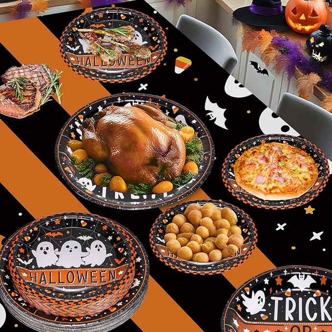 24 Pcs Happy Halloween Paper Plates Set - Cute Ghost Round Plate, Disposable Trick or Treat Dinner Dessert Plates Tableware Kit for Halloween Party Decorations Supplies Table Decor, Black Orange