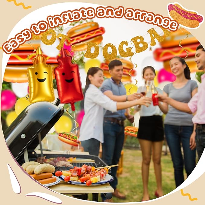Gejoy 213 Pcs Hot Dog Party Decorations Kit - Includes 12 Pcs Hot Dog Balloons, 200 Latex Balloons & 1 Set Glitter Banner for Birthday Sausage Food Party Supplies & BBQ Celebrations