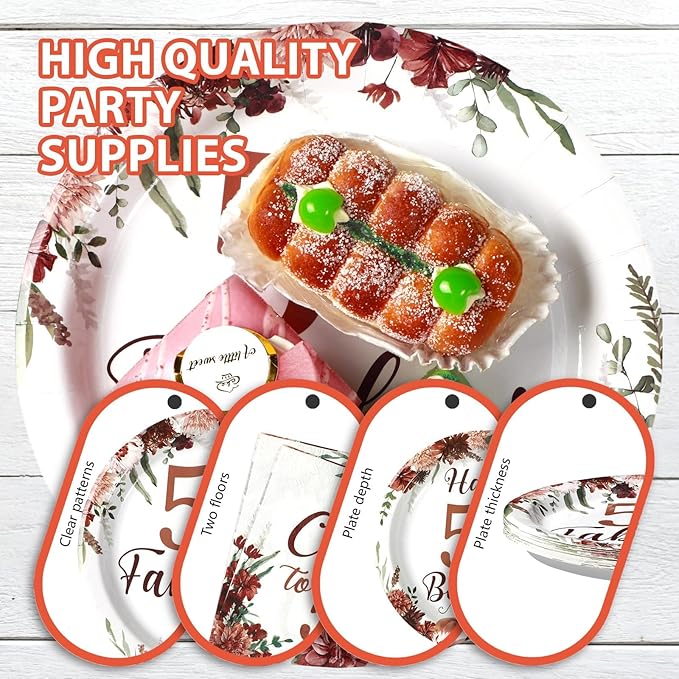 Grencian 96Pcs Fall Burgundy Floral 50th Birthday Party Decorations 50th Fabulous Plates and Napkins Cheers to 50 Tableware for Women 50 Years Old Birthday Party Decorations Serves 24