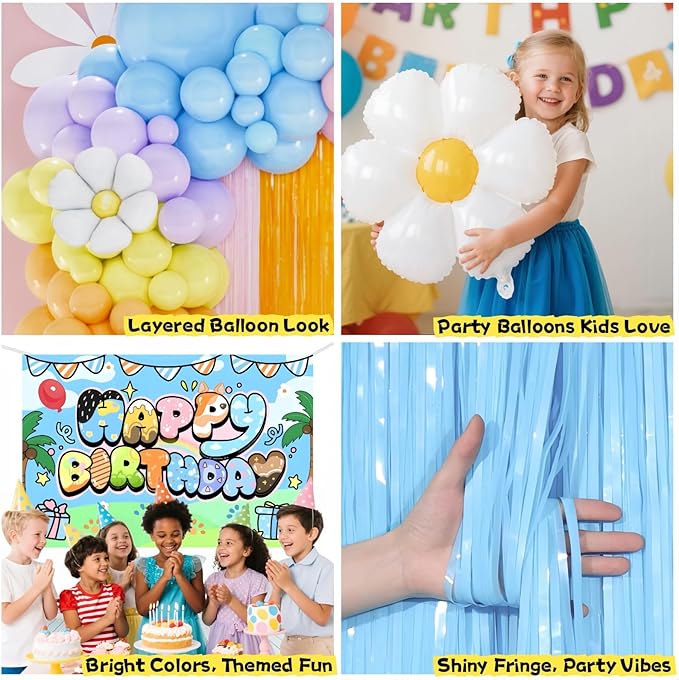 Blue Dog Birthday Party Decorations for Girls & Boys - Cartoon Theme Balloon Arch Kit with Backdrop, Fringe Curtains & Bone Foil Balloons - Easy Setup Party Supplies for 1st 2nd 3rd Bday