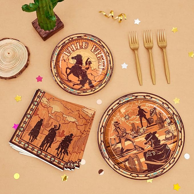 WERNNSAI Western Party Decorations - 64 PCS Cowboy Plates Napkins and Forks Wild West Birthday Supplies Western Paper Plates for Kids Boys First Rodeo Birthday Bachelorette Decor Serves 16 Guests