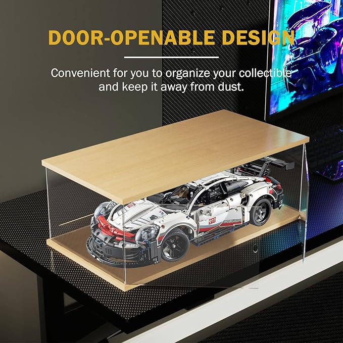 Nynelly Lighted Acrylic Display Case for Collectibles, Clear Display Box for Lego 42096 42143 42083, 1/8 Scale Model Car Display Case, Assemble Dustproof Countertop Showcase, 23.6x11.8x7.8in