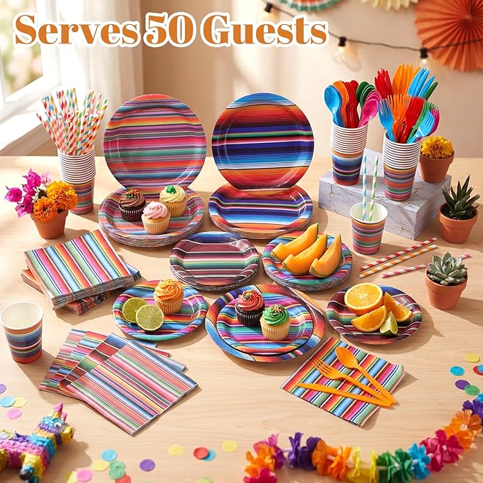 450 Pcs Mexican Serape Fiesta Party Tableware Set Decorations Cinco De Mayo Paper Plates Colorful Stripes Napkins Cups Cutlery Straws for Taco Carnival Birthday Party Supplies, Serves 50