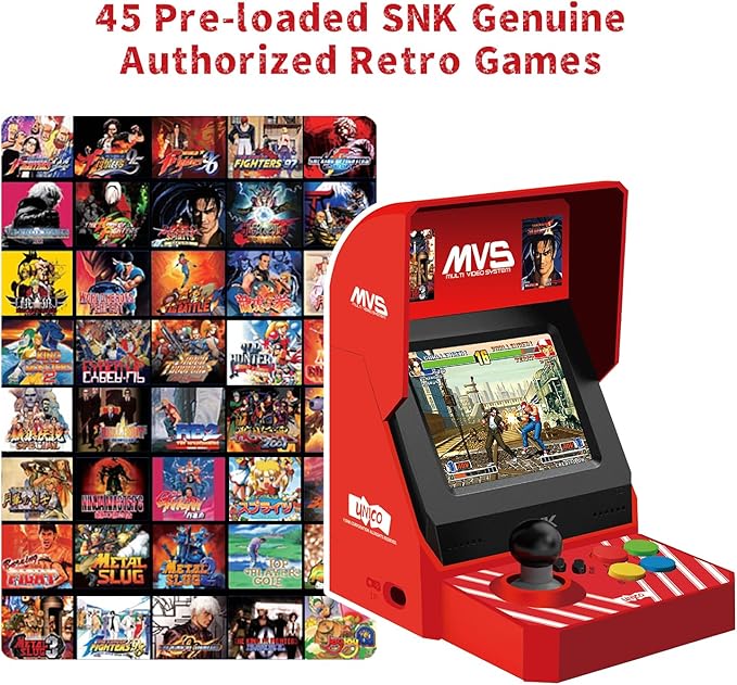 UNICO MVS Mini Arcade and 2 Red Gamepads Combo, Including Pre-Loaded 45 SNK Retro Games