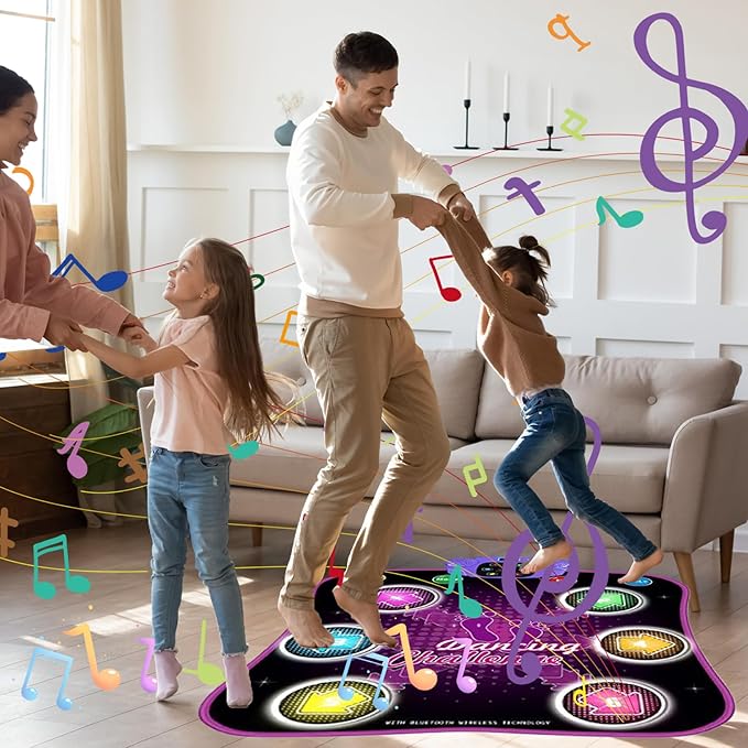 Dance Mat for Kids 6 Key Dual Horn LED Dance Pad Digital Multi-Mode Dancing Mat BT-Compatible Volume Adjustable Battery Powered 35x31.5in Electronic Mats, No Battery