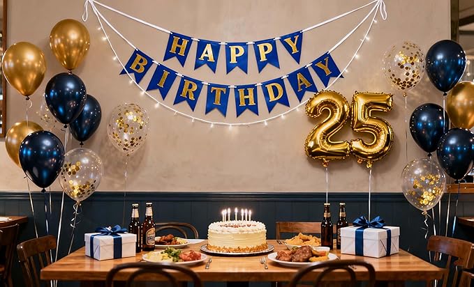 25th Birthday Party Decorations for Men Women, Navy Blue Happy Birthday Banner Gold 25th Foil Latex Metallic Confetti Balloons for Him Her 25 Years Old Birthday Party Supplies(25th)