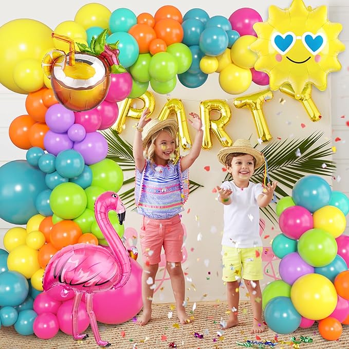 164Pcs Summer Tropical Balloon Arch Garland Kit, Rainbow Hot Pink Green Orange Blue Purple Sun Coconut Flamingo Foil Balloons for Hawaiian Luau Aloha Baby Shower Birthday Party Decorations Supplies