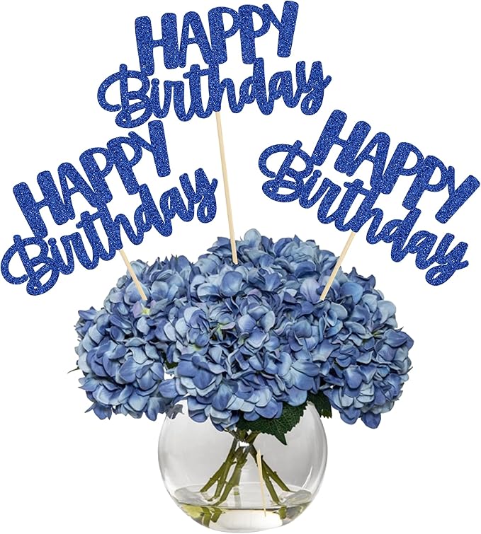 Gyufise 12Pcs Happy Birthday Centerpieces Sticks Double Sided Glitter Birthday Party Decorations Anniversary Table Flower Centerpiece for Celebrating Party Supplies Dark Blue