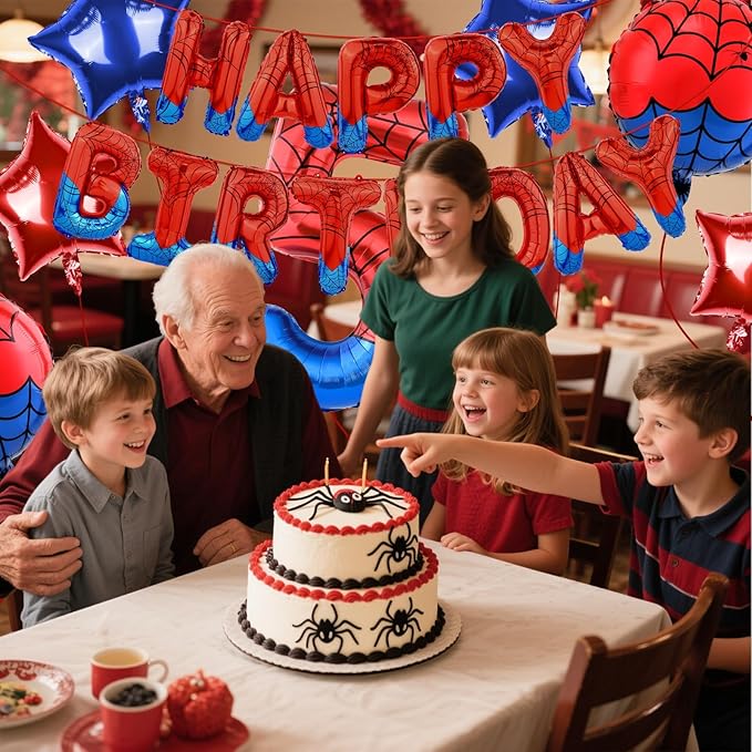 Spider Themed Happy Birthday Banner Party Decorations Set Including 40 Inch Number 5 Foil Balloons, Themed Party Essentials, Colorful Superhero Backdrop Supplies for Boys Indoor Outdoor Celebration