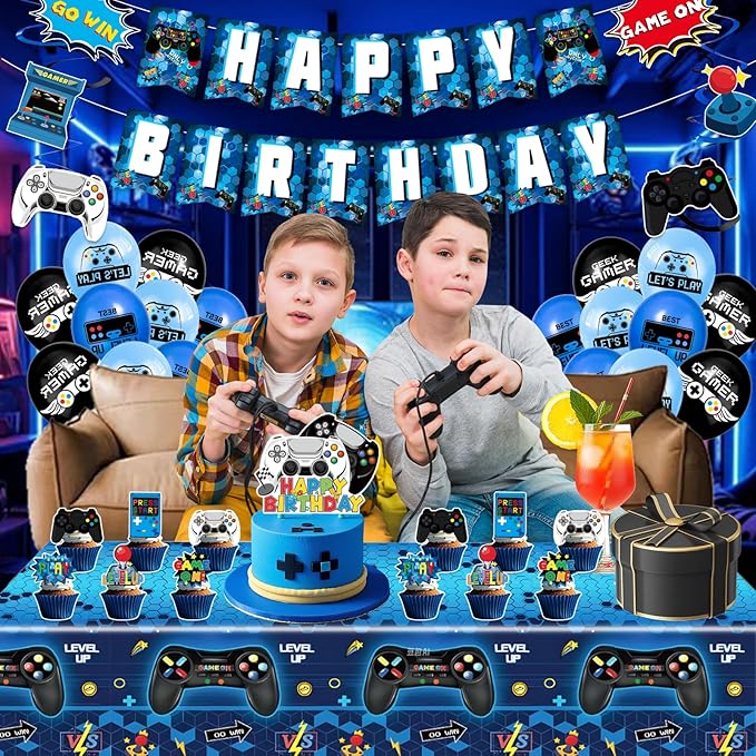 45Pcs Gamer Birthday Party Decorations - Gaming Party Supplies with Backdrop, Banner, Tablecloth, Balloons, Swirls & Cake Toppers for Video Game Theme, Blue