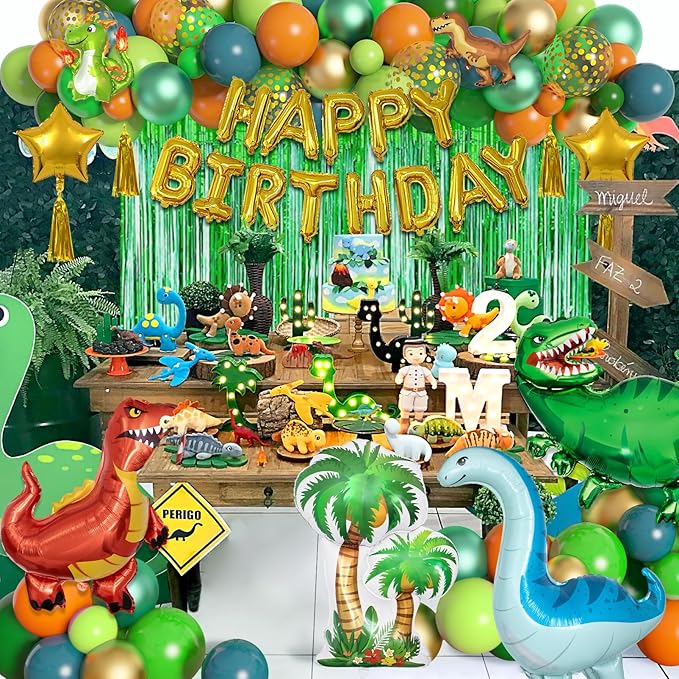 Dinosaur Birthday Party Decorations Supplies, 124Pcs Dinosaur Green Orange Blue Balloons Garland Arch Kit Happy Birthday Dino Foil Balloon Curtain for Kids Boys Dino Jungle Safari Baby Shower Party