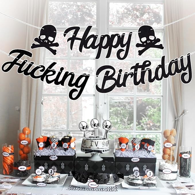 Gothic Happy Birthday Banner Decorations Funny Black Bunting Banner Skull Sign Theme Party Decor Adult Birthday for Decorations Supplies