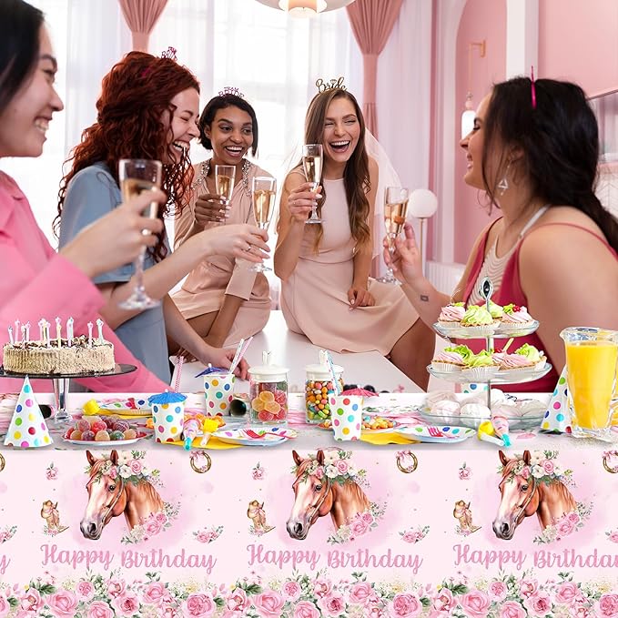 3PCS Cowgirl Horse Party Tablecloths for Girls Birthday Pink Western Horse Themed Saddle up Table Cover Party Decorations Disposable Plastic Table Cloth