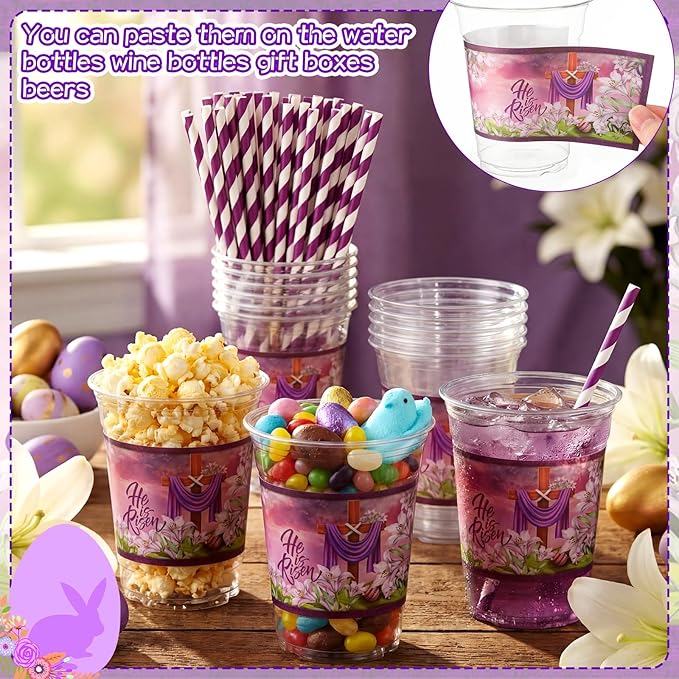 50 Set Easter He Is Risen Disposable Plastic Cups 12 oz with Lids Straws Religious Christian Easter Party Drinking Cups Spring Lily Floral Drinkware for Egg Hunt Holiday Party Supplies