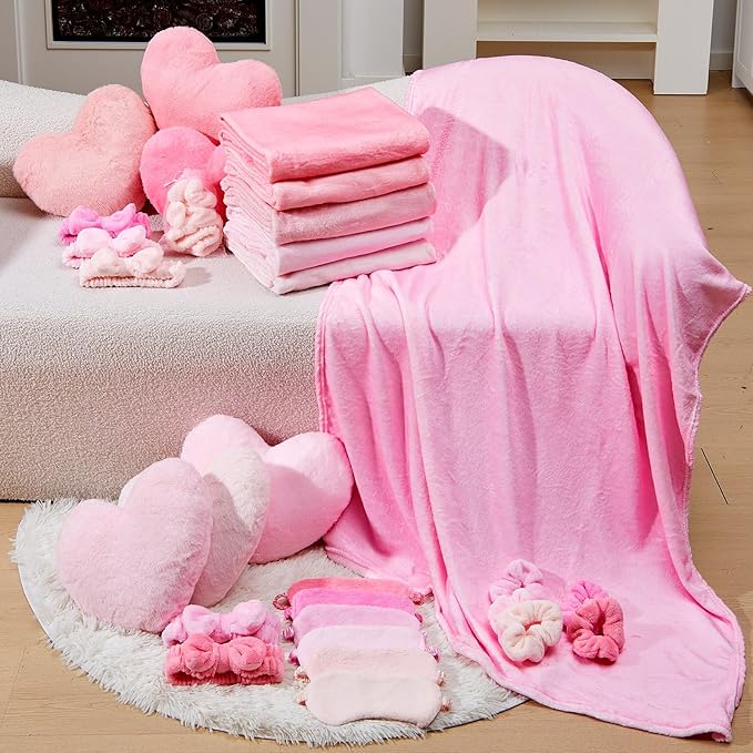 36 Pcs Sleepover Party Supplies for Girl Spa Slumber Birthday Favors Throw Blanket Pillow Eye Mask Headband Scrunchies (Solid Color,Princess Pink)