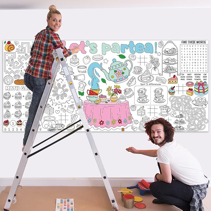 Naozinebi Spring Tea Time Giant Coloring Poster for Kids Large Coloring Tablecloth Big Paper Sheets Page Flower Table Cloth DIY Activity Game Art Crafts Mat Wall Home Party Decoration Supplies