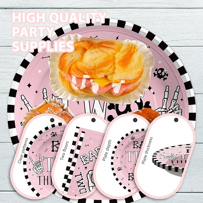 Grencian 96 Pcs Bad Two The Bone Party Decorations Girl Pink Skeleton 2nd Birthday Plates and Napkins Rock and Roll Tableware Set for Girls Music Theme 2 Year Old Birthday Party Supplies Serves 24