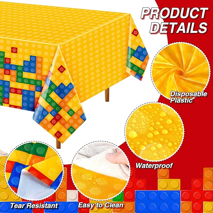 Oudain 2 Pcs Building Block Tablecloths Colorful Building Blocks Birthday Party Decorations 54 x 108 Inch Disposable Plastic Brick Table Cover Waterproof Brick Themed Party Supplies (Yellow,Blue)