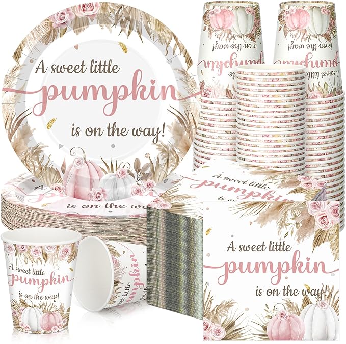 Hushee 200 Pcs Fall Boho Pumpkin Baby Shower Paper Plates Napkins Cups Baby Shower Party Supplies Tableware Set Disposable Cup Napkin for 50 Guest Party Decoration
