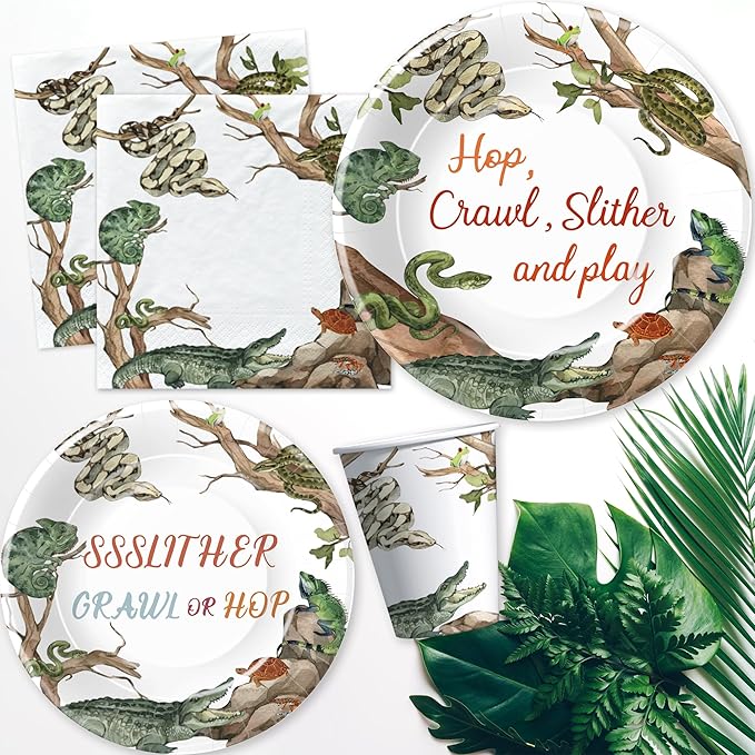 Reptile Birthday Party Supplies - Reptile Party Decorations, Plate, Cup, Napkin, Tablecloth, Tableware, Jungle Swamp Animal Lizard Snake Turtle Alligator Theme Party Decorations | Serve 24