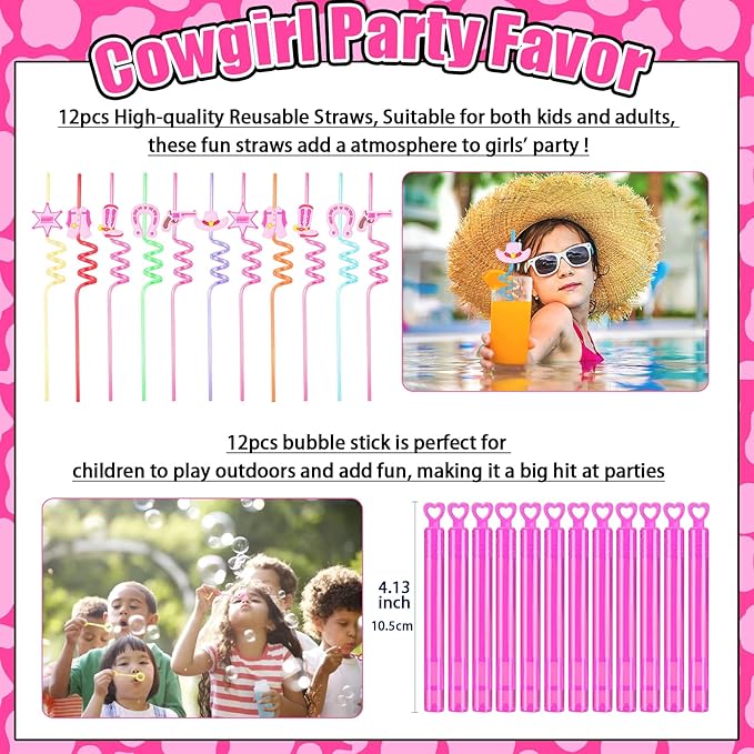 Cowgirl Party Favors Pack - For 12Guests | Pink Goodie Bag Stuffers for Kids Girls' Birthday | Galentines | Pinata Filler & Classroom Rewards
