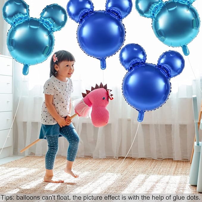 4 Pcs Mouse Head Foil Balloons, 24'' Mouse Mylar Balloon for Birthday Party Decorations Jumbo Mouse Head Aluminum Foil Balloons Party Favors Supplies (Blue)