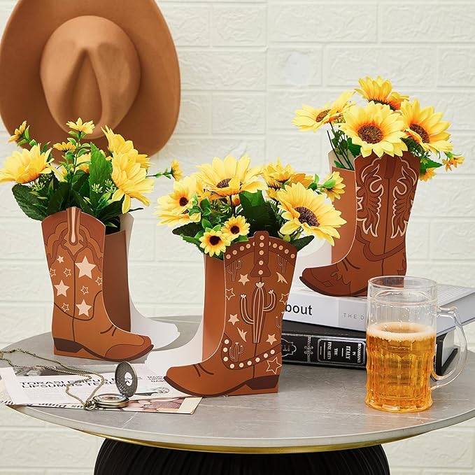 12 Set Western Cowboy Boots Flower Boxes Centerpiece Boot Shape Gift Boxes Party Decoration Vase Centerpieces for Tables for Rodeo Birthday Baby Shower Wedding Supplies