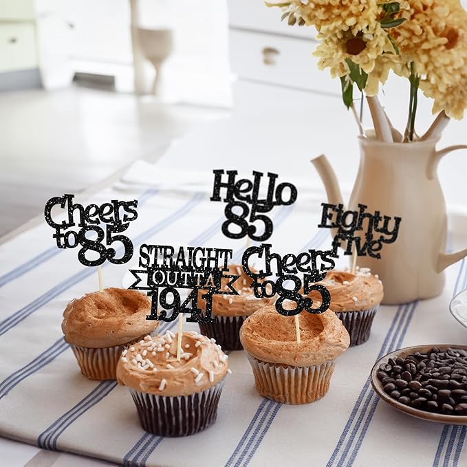 Ephlyn 24Pcs 85th Birthday Cupcake Toppers Glitter Straight Outta 1941 Cupcake Picks Hello 85 Cheers to 85 Years Cake Decorations for 85th Birthday Anniversary Party Decorations Supplies Black
