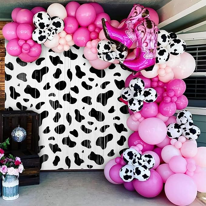 2 Pcs Cow Party Decorations 3.3 x 6.6 ft Black and White Cow Farm Foil Fringe Curtains Backdrop Tinsel Streamers for Photo Booth Farm Birthday Disco Cowgirl Rodeo Party Decor Supplies