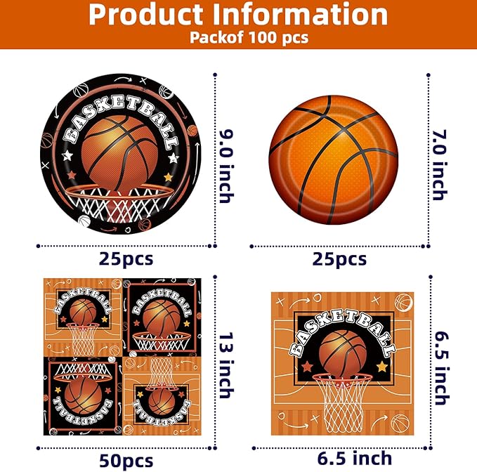 Basketball Birthday Party Decorations 100Pcs Basketball Sports Theme Birthday Party Supplies Basketball Plates and Napkins Basketball Party Favors for Basketball Party Decorations