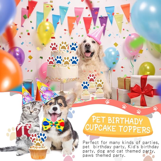 36 Pcs Paw Cupcake Toppers Glitter Dog Paw Cake Decorations 3 Colors Glitter Puppy Cupcake Toppers for Baby Shower Boys Girls Birthday Party Cake Supplies (Red Yellow and Blue)