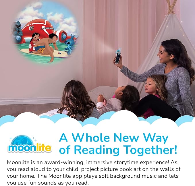 Moonlite Storytime 3-Story Bundle, Requires Moonlite Projector (Sold Separately), Moana, Lilo & Stitch, and The Little Mermaid, Vibrant Storybook Art Projections with Sound Effects & Music