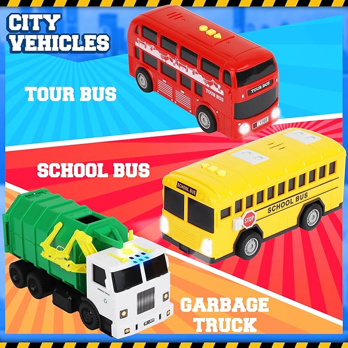 Toy Cars for Toddlers - 6Pcs Pull Back Cars Toys with Light and Sounds, City and emergency vehicles set, Including Police Car, Fire Truck, Ambulance, School bus, Tour Bus, Garbage Truck