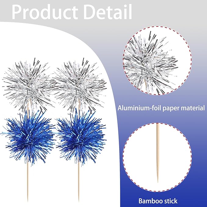 40 PCS Foil Firework Cupcake Toppers Sparkle Tinsel Cupcake Picks Fireworks Birthday Party Decorations Cocktail Fruit Toothpick for Birthday Wedding Graduation Party Decorations Supplies Silver Blue