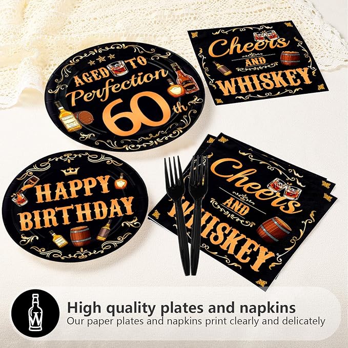 96 Pcs Whiskey 60th Birthday Party Supplies Aged To Perfection 60th Plates and Napkins Disposable Cheers and Whiskey Tableware Set for Men Vintage 60 Years Old Birthday Party Decorations Serves 24