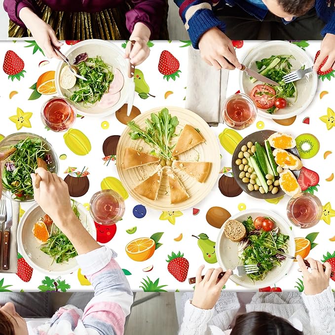 4 Pack Fruit Tablecloth Tutti Fruit Party Decorations Lemon Watermelon Strawberry Disposable Table Cloth Summer Theme Birthday Table Covers for Hawaiian Baby Shower Dancing Luau Supplies 51X86IN