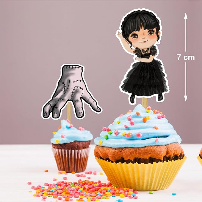 Wednsday Cupcake Topper – Gothic Dark Theme Cupcake Topper for Birthday Celebrations and Themed Events, Stylish Character-Inspired Decorative Cake Topper for Dessert Tables and Party Displays