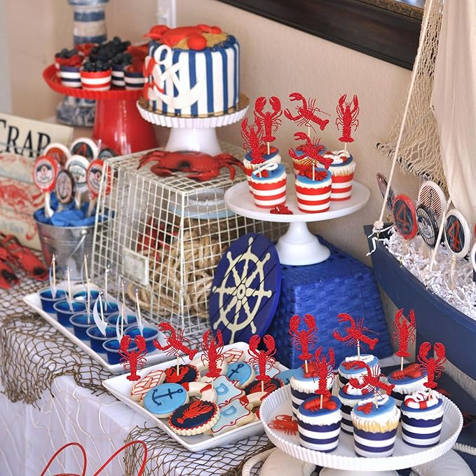 24 PCS Crawfish Cupcake Toppers Red Glitter Lobster Cupcake Picks Crawfish Party Decorations for Ocean Lobster Theme Let's Get Cray Carnival Baby Shower Birthday Party Cake Decorations Supplies