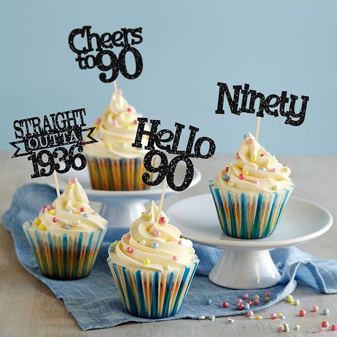 Ephlyn 24Pcs Happy 90th Birthday Cupcake Toppers Glitter Straight Outta 1936 Cupcake Picks Hello 90 Cheers to 90 Years Birthday Cake Decorations for 90th Birthday Anniversary Party Supplies Black
