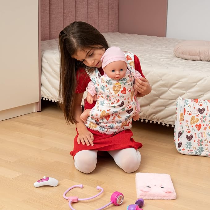 HappyVk - Baby Doll Carrier Kids Toy Carrier for Dolls Front and Back with Adjustable Straps Doll Accessories - Pink - Love Design